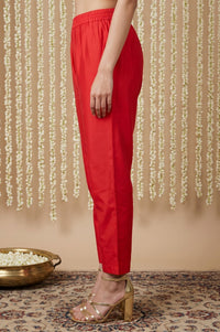 Red Yarn Dyed Solid Buttons Straight Ankle Length Mid Rise Trousers