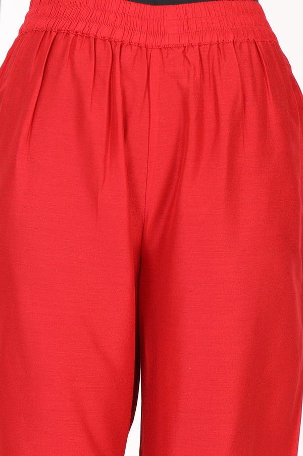 Red Yarn Dyed Solid Buttons Straight Ankle Length Mid Rise Trousers