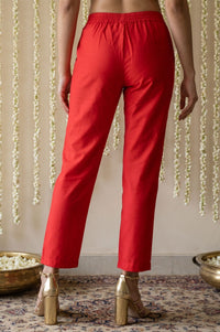 Red Yarn Dyed Solid Buttons Straight Ankle Length Mid Rise Trousers