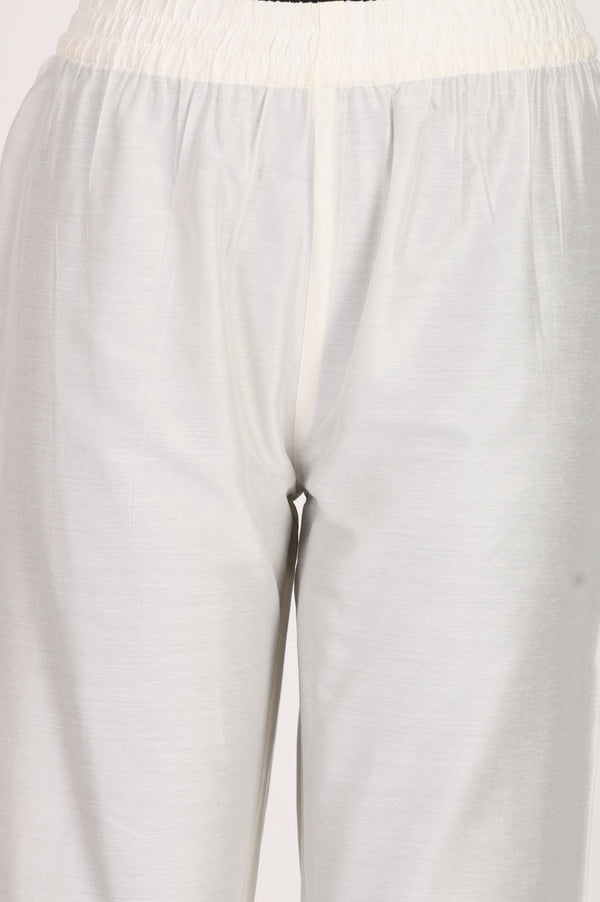 White Yarn Dyed Straight Fit Ankle Length Mid Rise Trousers