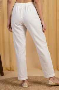 White Yarn Dyed Straight Fit Ankle Length Mid Rise Trousers