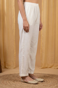 White Yarn Dyed Straight Fit Ankle Length Mid Rise Trousers