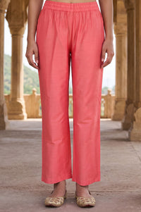 Peach Yarn Dyed Solid Straight Fit Ankle Length Mid Rise Trousers