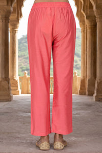 Peach Yarn Dyed Solid Straight Fit Ankle Length Mid Rise Trousers