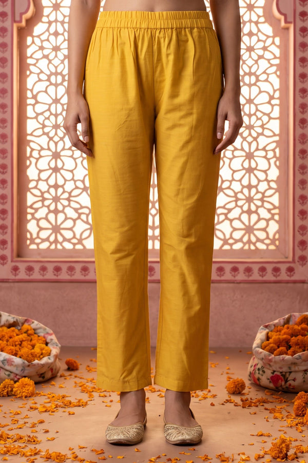 Yellow Yarn Dyed Solid Straight Fit Ankle Length Trousers