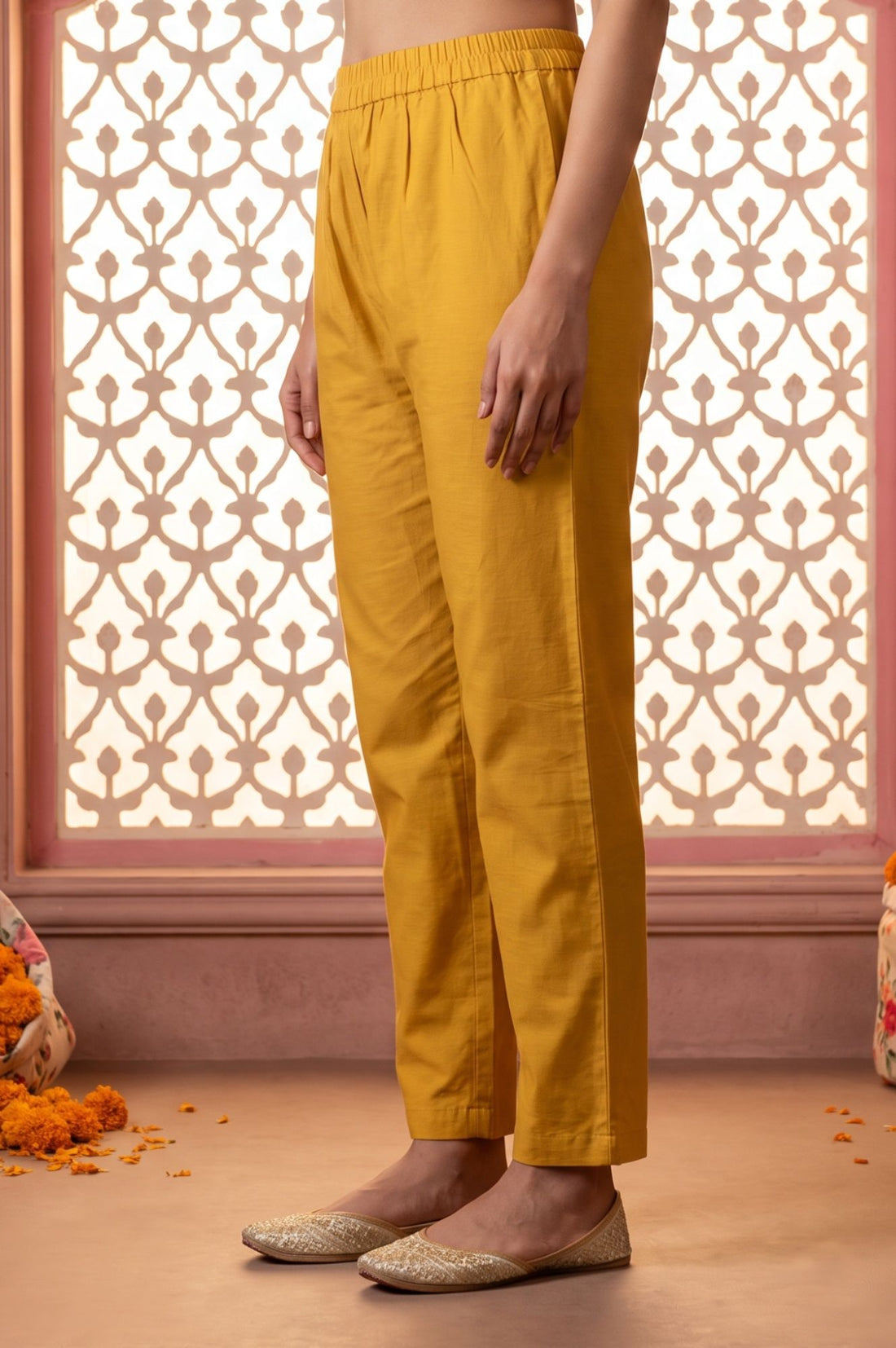 Yellow Yarn Dyed Solid Straight Fit Ankle Length Trousers