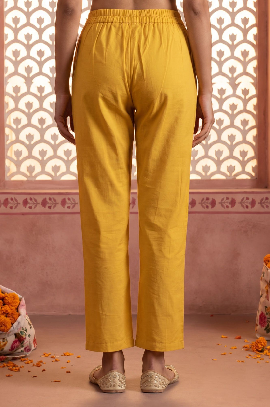 Yellow Yarn Dyed Solid Straight Fit Ankle Length Trousers
