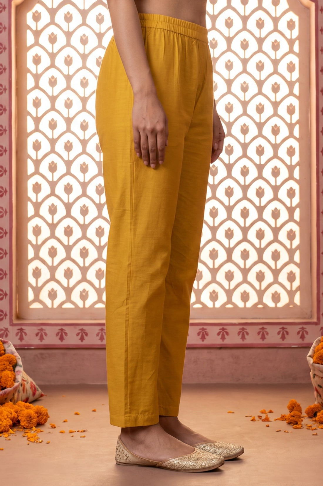 Yellow Yarn Dyed Solid Straight Fit Ankle Length Trousers