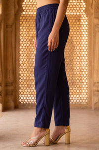 Navy Blue Solid Rayon Straight Fit Ankle Length Trousers