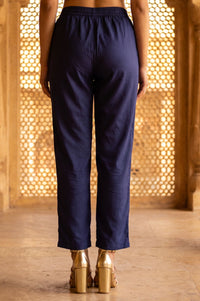 Navy Blue Solid Rayon Straight Fit Ankle Length Trousers