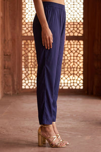 Navy Blue Solid Rayon Straight Fit Ankle Length Trousers