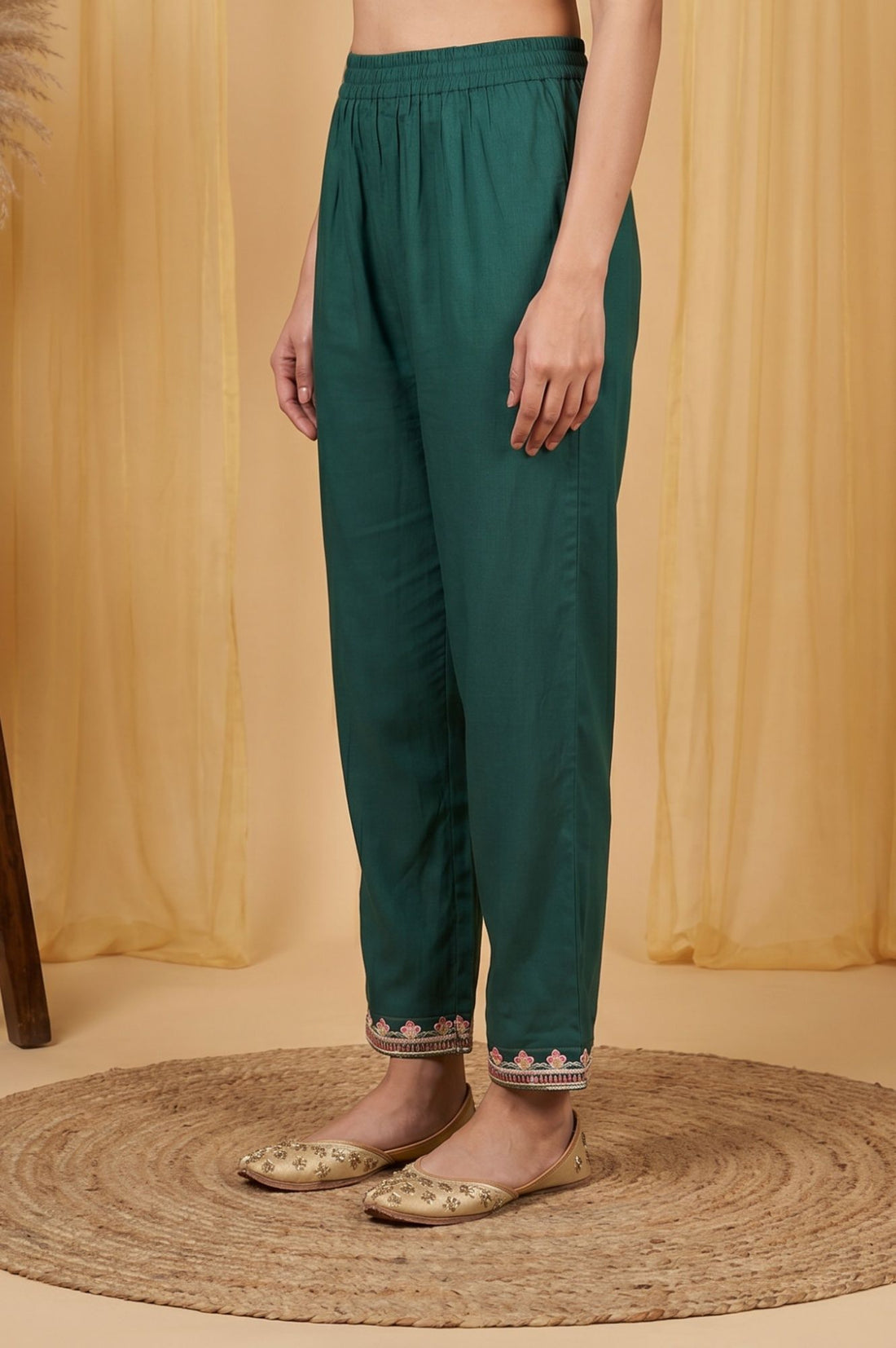Teal Thread Embroidered Rayon Straight Ankle Length Mid Rise Trousers