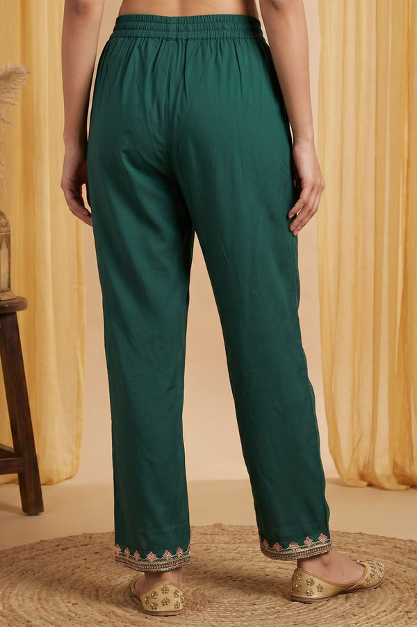 Teal Thread Embroidered Rayon Straight Ankle Length Mid Rise Trousers