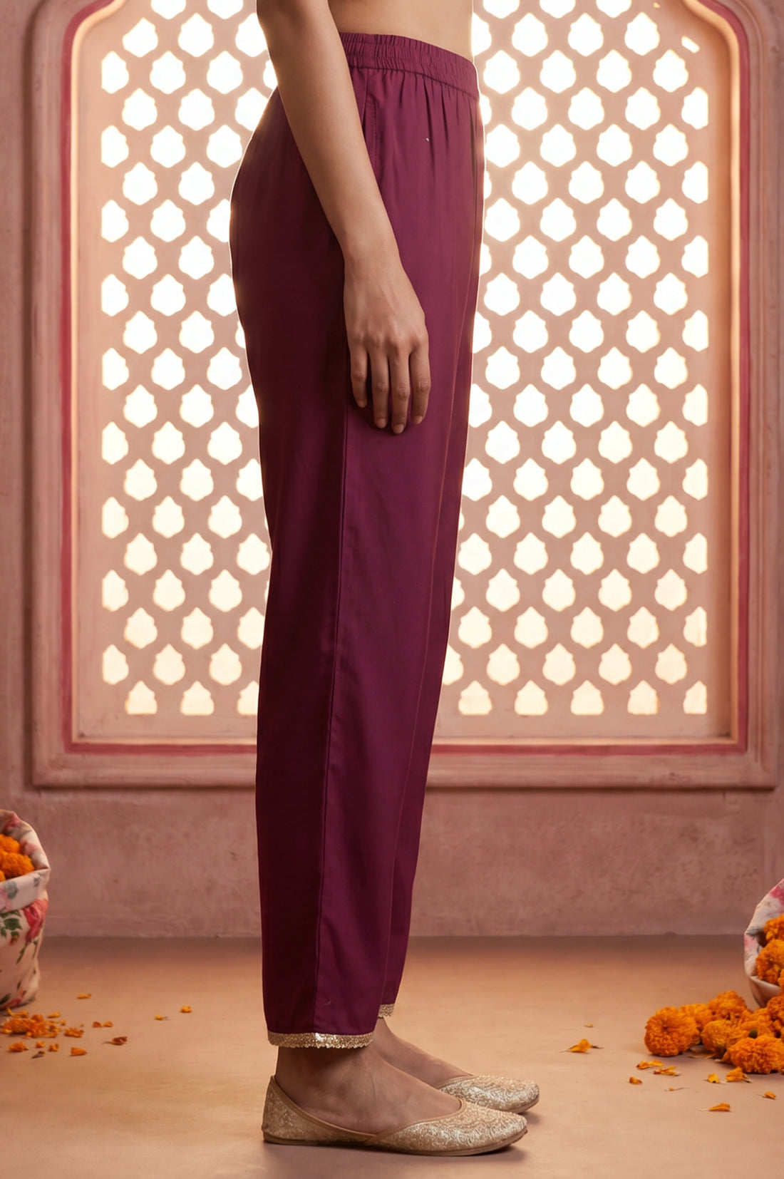 Magenta Ankle Length Mid Rise Straight Trousers