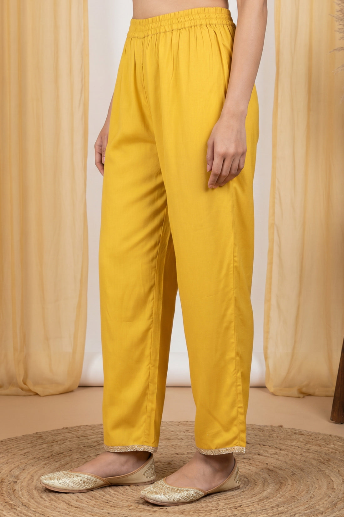 Mustard Ankle Length Mid Rise Straight Trousers