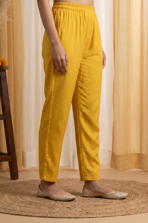 Mustard Ankle Length Mid Rise Straight Trousers
