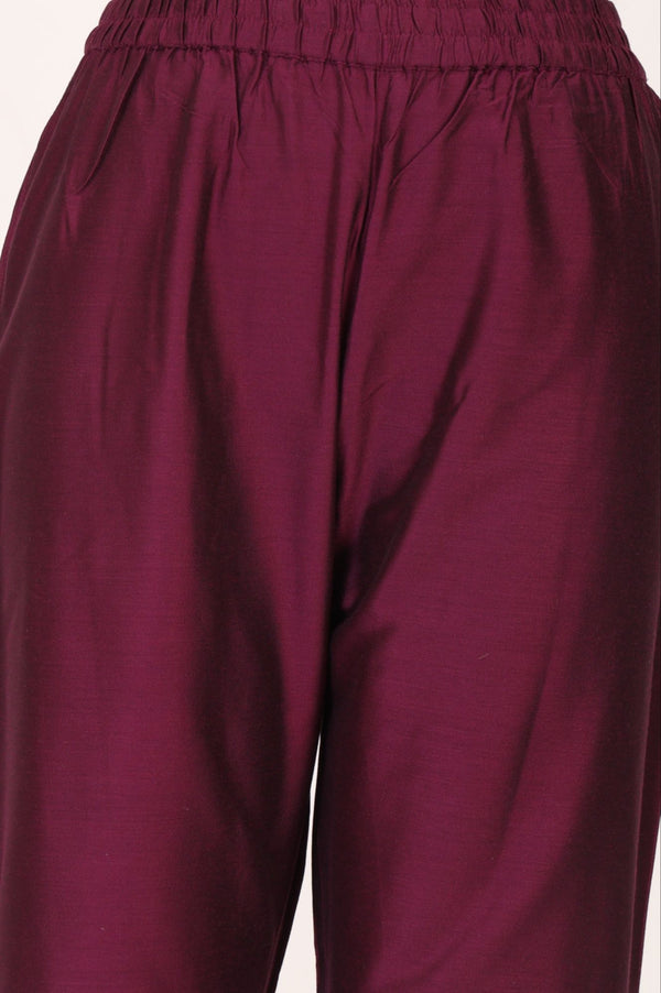 Purple Yarn Dyed Solid Ankle Length Mid Rise Trousers