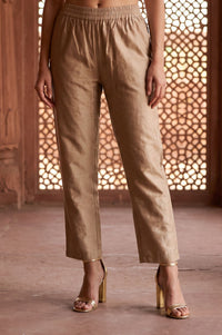 Beige Yarn Dyed Solid Shimmer Straight Fit Ankle Length Mid Rise Trousers