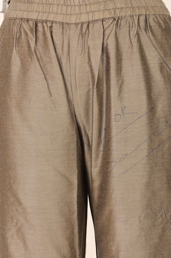 Beige Yarn Dyed Solid Shimmer Straight Fit Ankle Length Mid Rise Trousers
