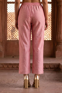 Pink Yarn Dyed Thread Embroidered Straight Fit Ankle Length Trousers