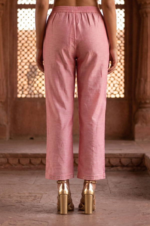 Pink Yarn Dyed Thread Embroidered Straight Fit Ankle Length Trousers