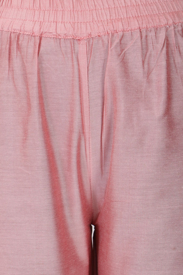 Pink Yarn Dyed Thread Embroidered Straight Fit Ankle Length Trousers