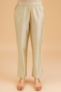 Gold Solid Shimmer Straight Fit Ankle Length Mid Rise Trousers