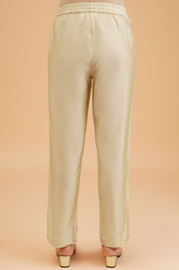 Gold Solid Shimmer Straight Fit Ankle Length Mid Rise Trousers