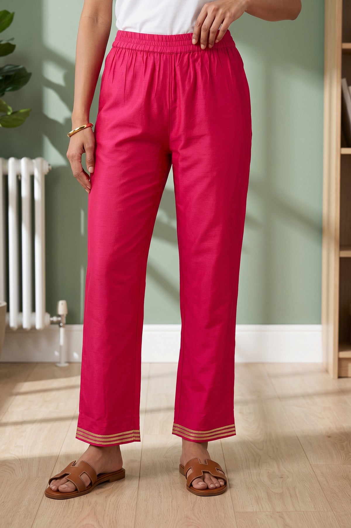 Pink Yarn Dyed Straight Fit Ankle Length Trousers - XS