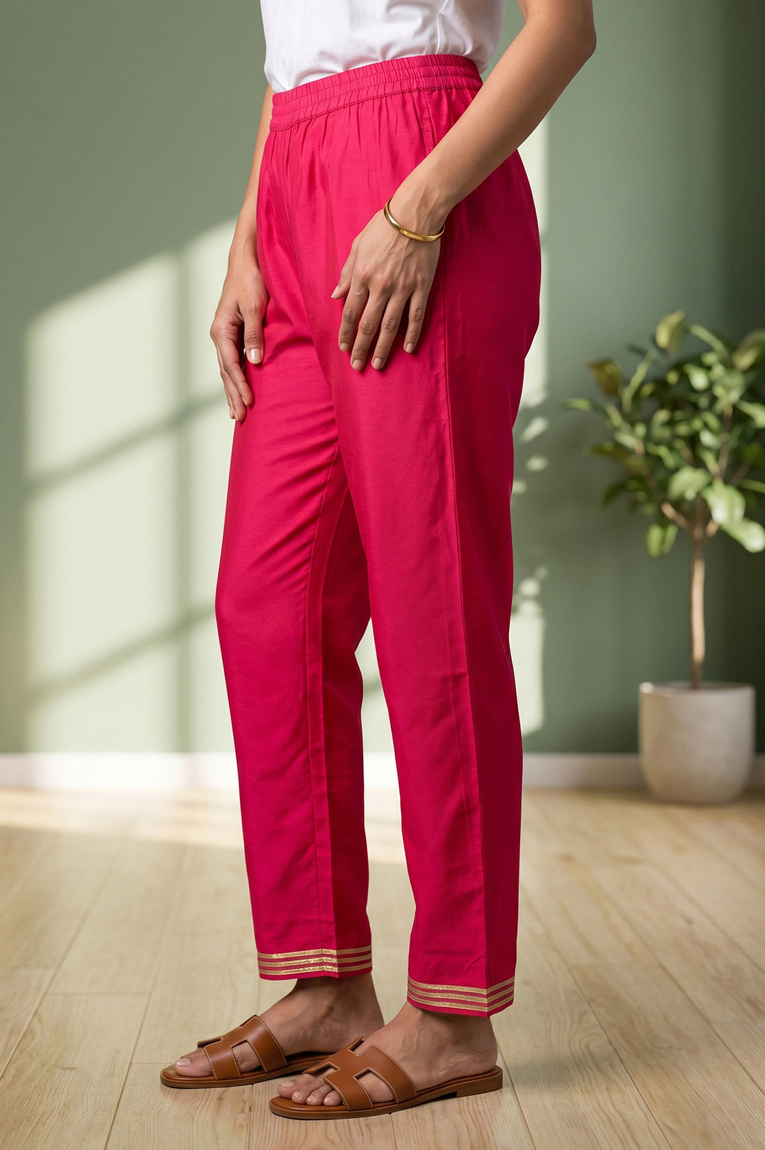 Pink Yarn Dyed Straight Fit Ankle Length Trousers