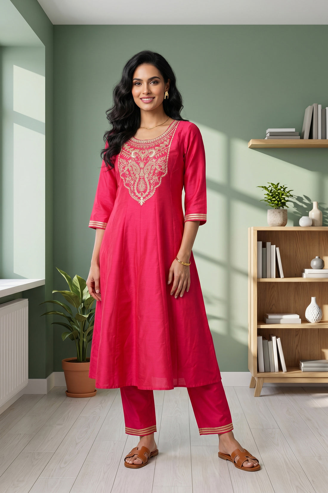 Pink Yarn Dyed Straight Fit Ankle Length Trousers