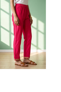 Pink Yarn Dyed Straight Fit Ankle Length Trousers