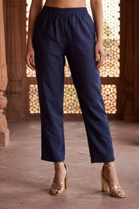 Navy Blue Yarn Dyed Solid Straight Fit Ankle Length Trousers