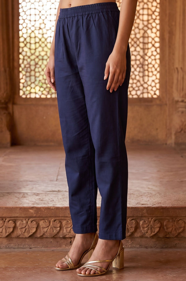 Navy Blue Yarn Dyed Solid Straight Fit Ankle Length Trousers