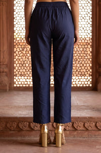 Navy Blue Yarn Dyed Solid Straight Fit Ankle Length Trousers