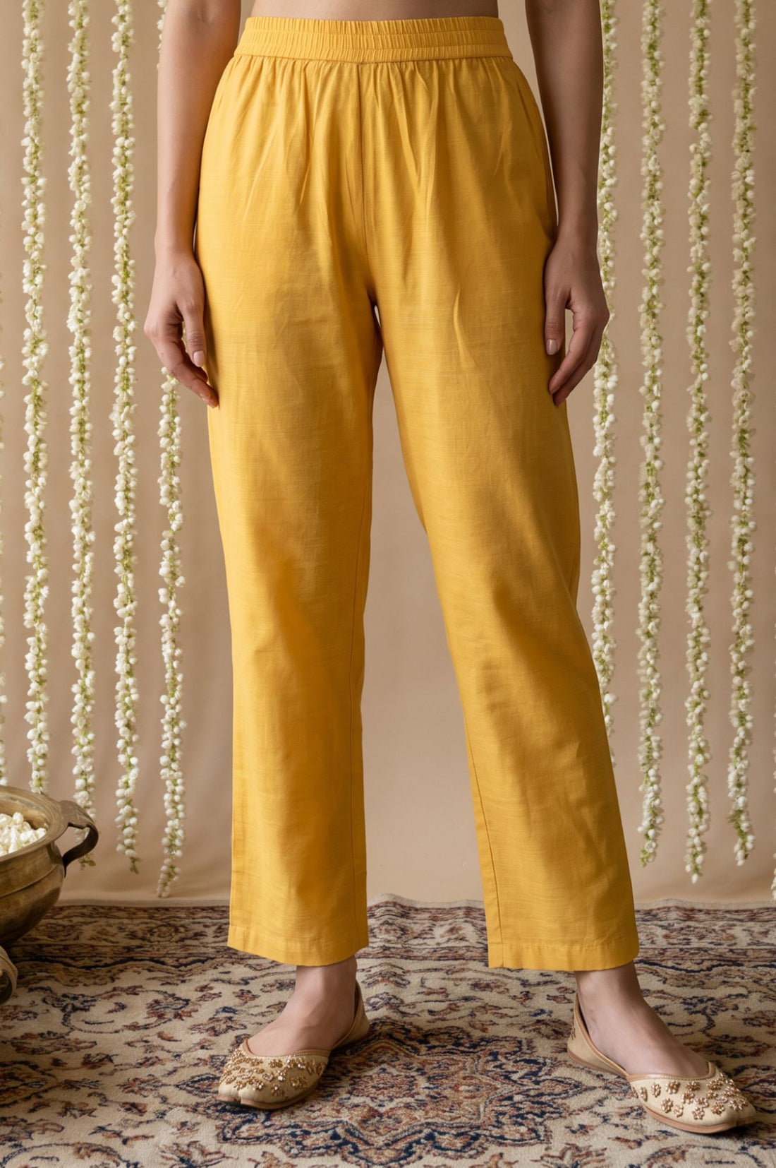 Mustard Yarn Dyed Solid Straight Fit Ankle Length Mid Rise Trousers