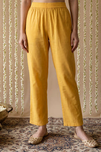 Mustard Yarn Dyed Solid Straight Fit Ankle Length Mid Rise Trousers