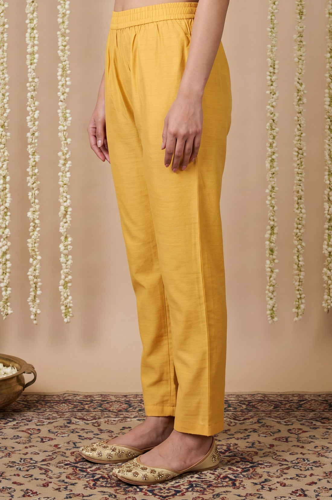 Mustard Yarn Dyed Solid Straight Fit Ankle Length Mid Rise Trousers