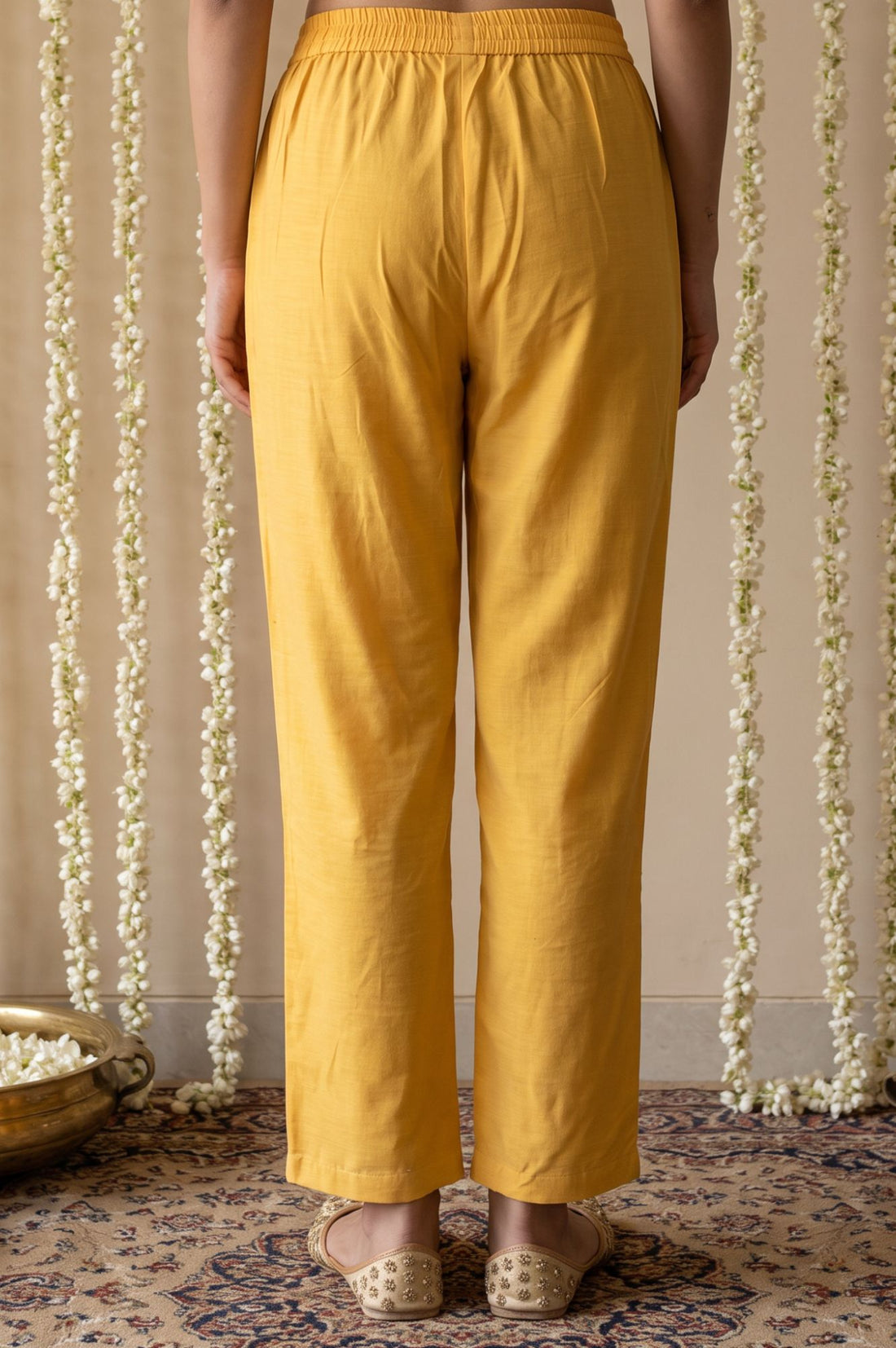 Mustard Yarn Dyed Solid Straight Fit Ankle Length Mid Rise Trousers