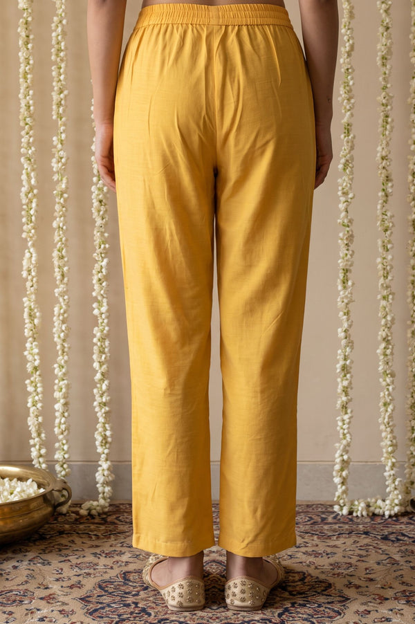 Mustard Yarn Dyed Solid Straight Fit Ankle Length Mid Rise Trousers