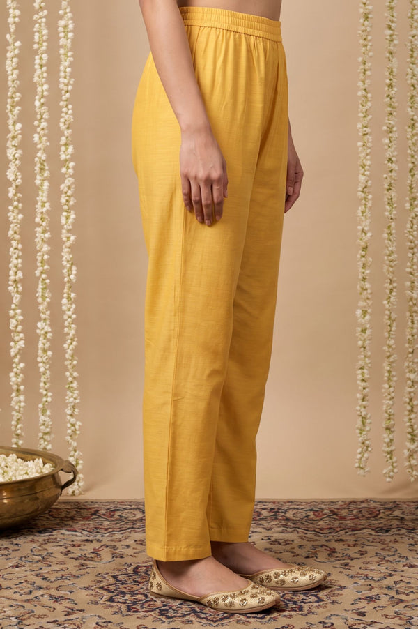 Mustard Yarn Dyed Solid Straight Fit Ankle Length Mid Rise Trousers