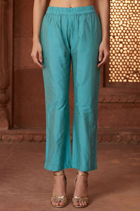Teal Yarn Dyed Solid Straight Ankle Length Trousers