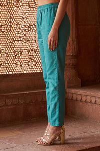 Teal Yarn Dyed Solid Straight Ankle Length Trousers