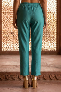 Teal Yarn Dyed Solid Straight Ankle Length Trousers