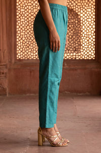 Teal Yarn Dyed Solid Straight Ankle Length Trousers