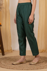 Teal Yarn Dyed Thread Embroidered Straight Fit Ankle Length Mid Rise Trousers