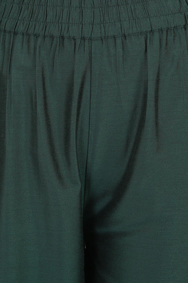 Teal Yarn Dyed Thread Embroidered Straight Fit Ankle Length Mid Rise Trousers