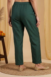 Teal Yarn Dyed Thread Embroidered Straight Fit Ankle Length Mid Rise Trousers