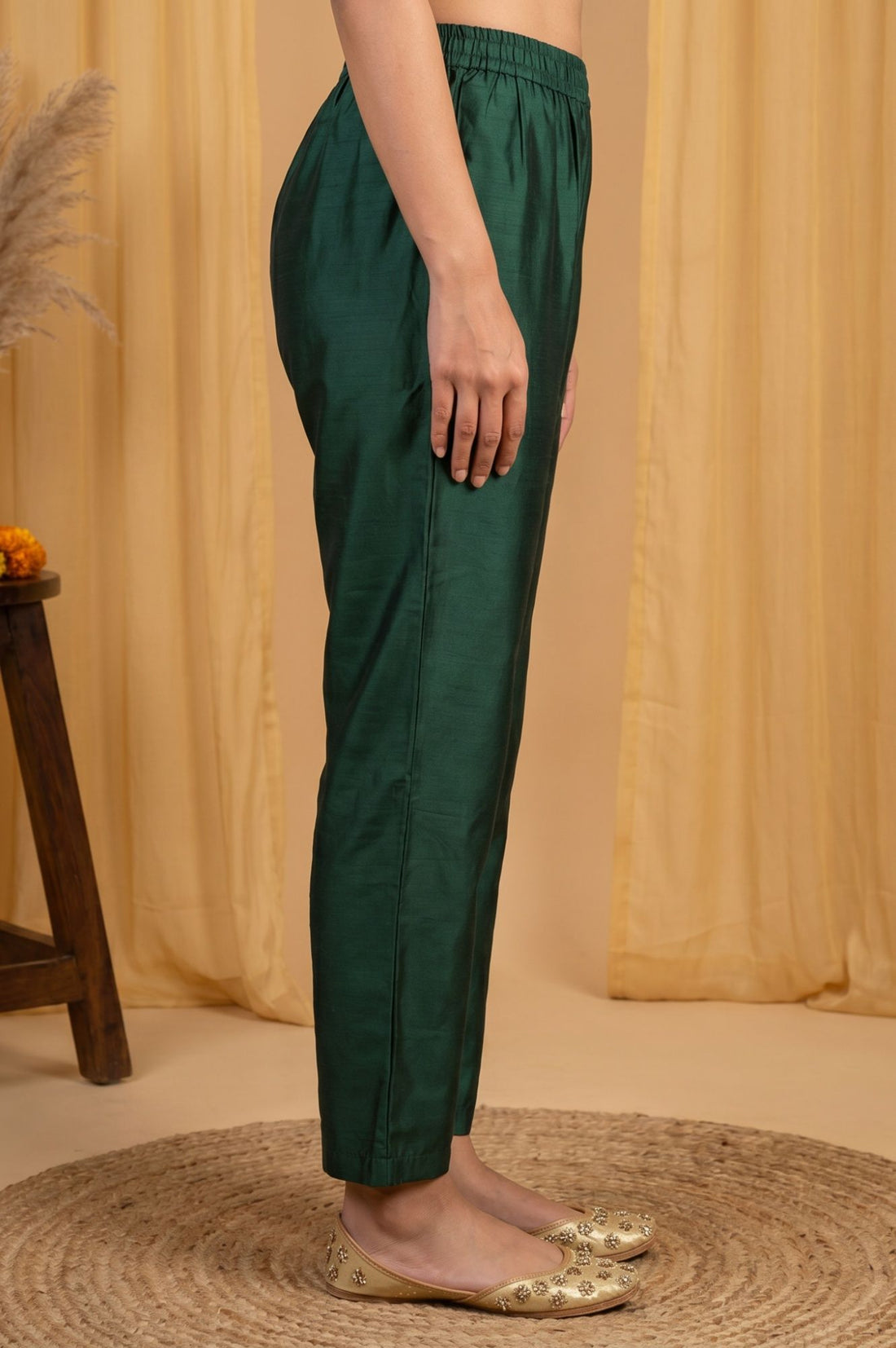 Teal Yarn Dyed Thread Embroidered Straight Fit Ankle Length Mid Rise Trousers
