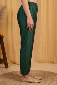 Teal Yarn Dyed Thread Embroidered Straight Fit Ankle Length Mid Rise Trousers